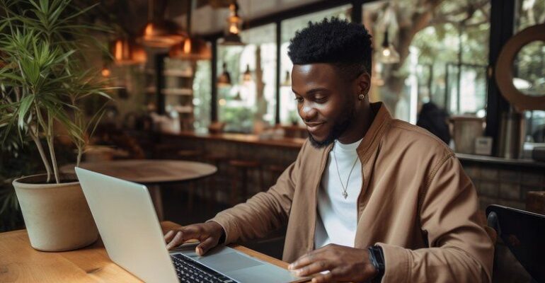 African man computer laptop coffee.
